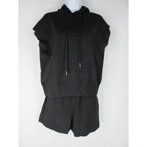 Flamingo Black Hoodie Short Set M Raw Hem Knit Jersey Polyester Spandex 33-564